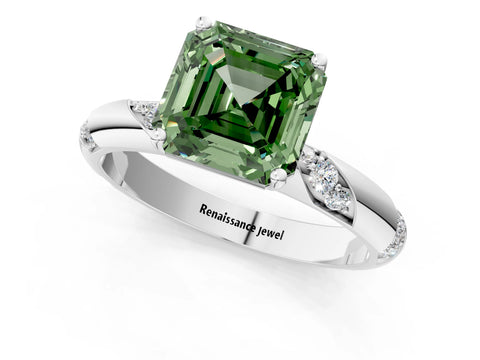 White gold Fancy Green Asscher Cut Solitaire Diamond Engagement Ring with Twisted Pave Band and Four-Prong Setting_20