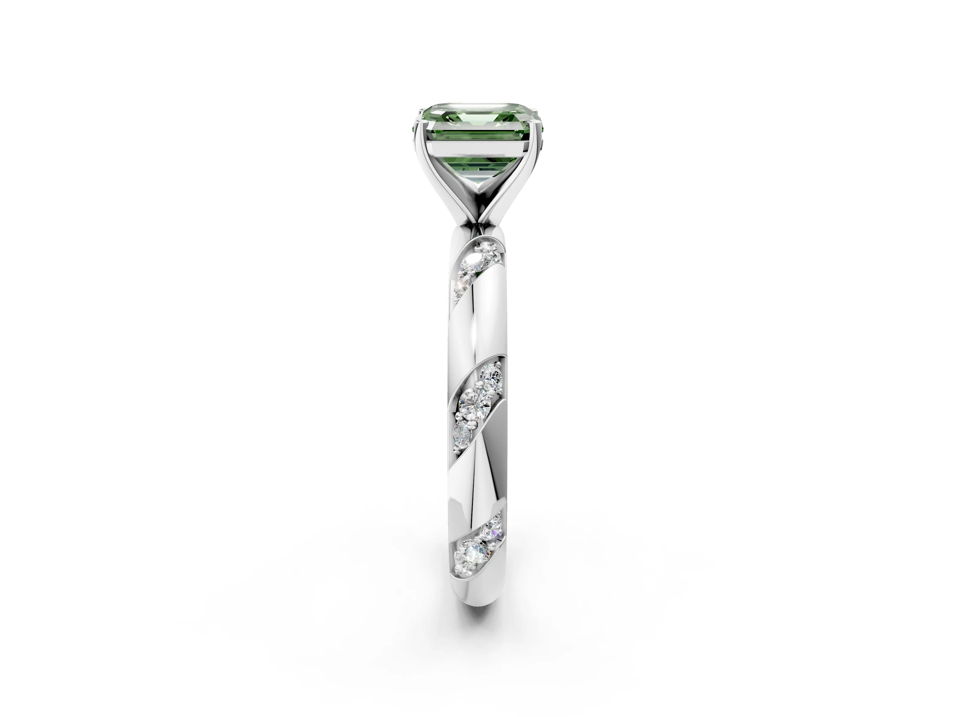 White gold Fancy Green Asscher Cut Solitaire Diamond Engagement Ring with Twisted Pave Band and Four-Prong Setting_21