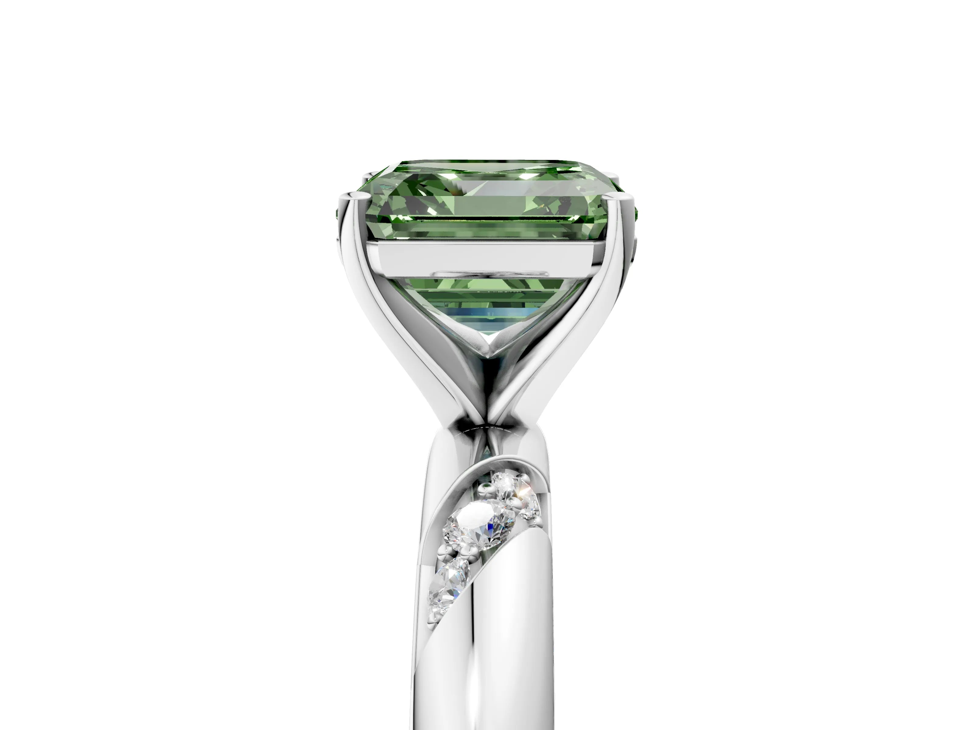 White gold Fancy Green Asscher Cut Solitaire Diamond Engagement Ring with Twisted Pave Band and Four-Prong Setting_24