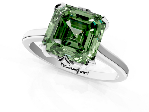 White gold Fancy Green Asscher  Cut Solitaire Diamond Ring with Flower-Prong Setting and Classic Band_1