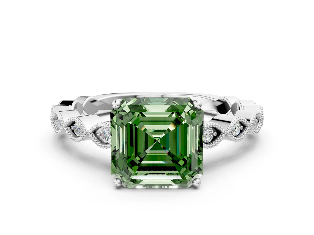 White gold Fancy Green Asscher Cut Solitaire Diamond Ring with Infinity Twist Band and Four-Prong Setting