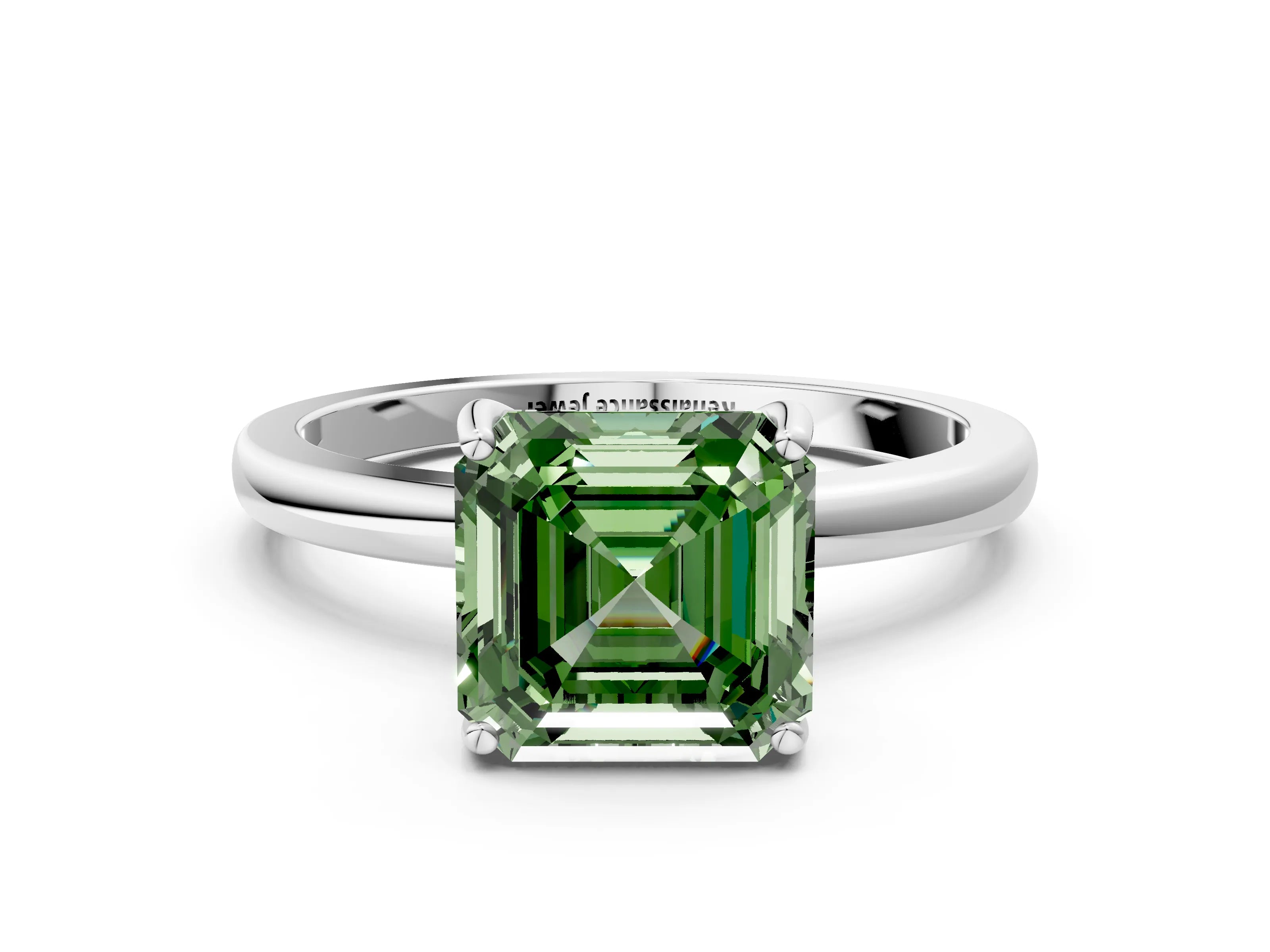 White gold Fancy Green Asscher Cut Solitaire Diamond Ring with Prong Setting and Plain Band_12