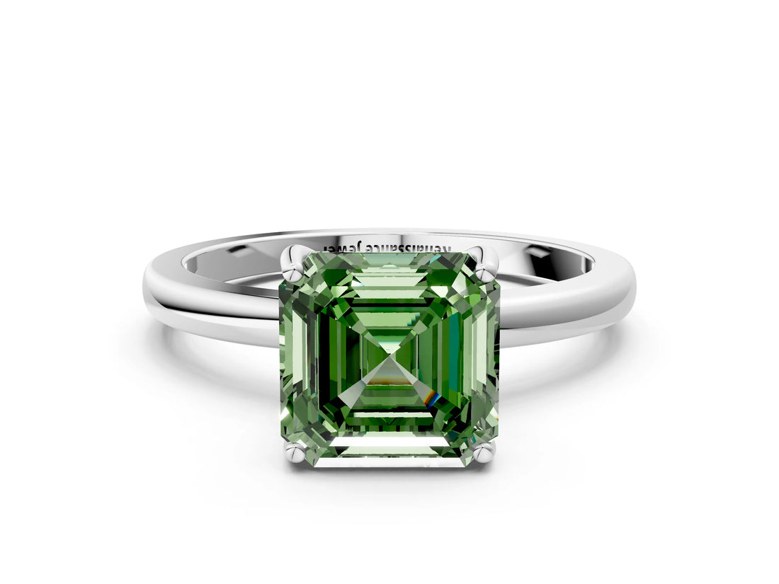 White gold Fancy Green Asscher Cut Solitaire Diamond Ring with Prong Setting and Plain Band_12