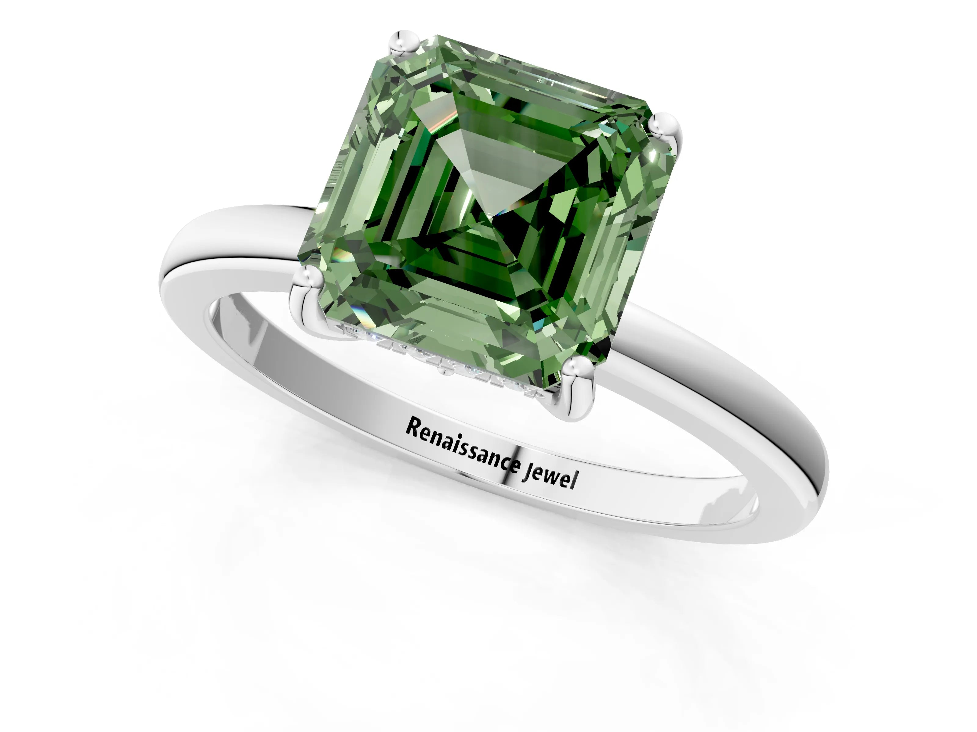 White gold Fancy Green Asscher Cut Solitaire Diamond Ring with Prong Setting and Plain Band_13