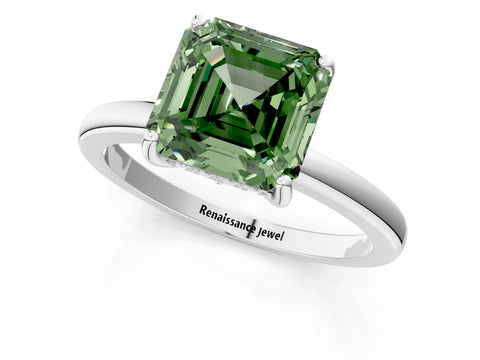 White gold Fancy Green Asscher Cut Solitaire Diamond Ring with Prong Setting and Plain Band_13