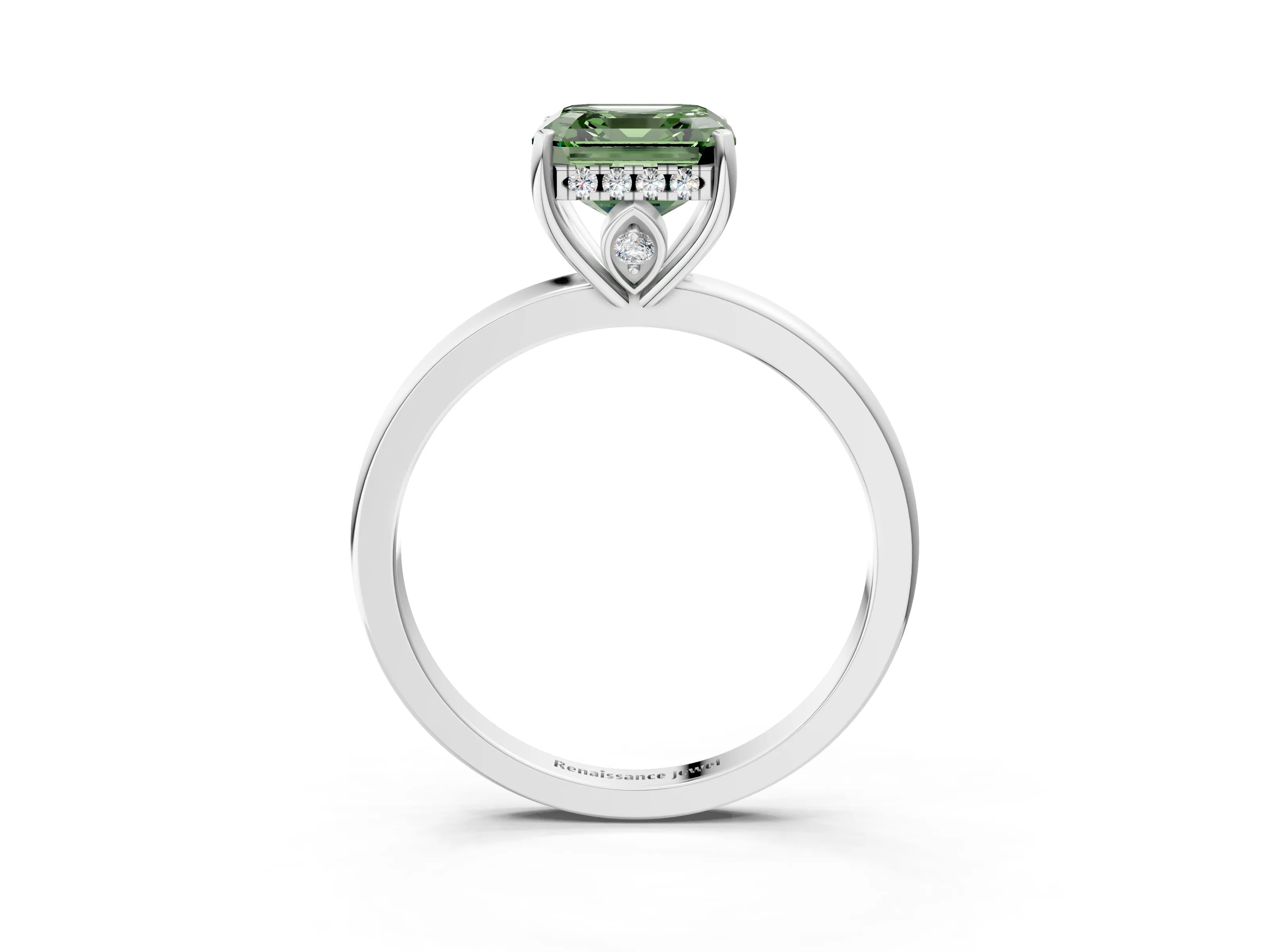 White gold Fancy Green Asscher Cut Solitaire Diamond Ring with Prong Setting and Plain Band_15