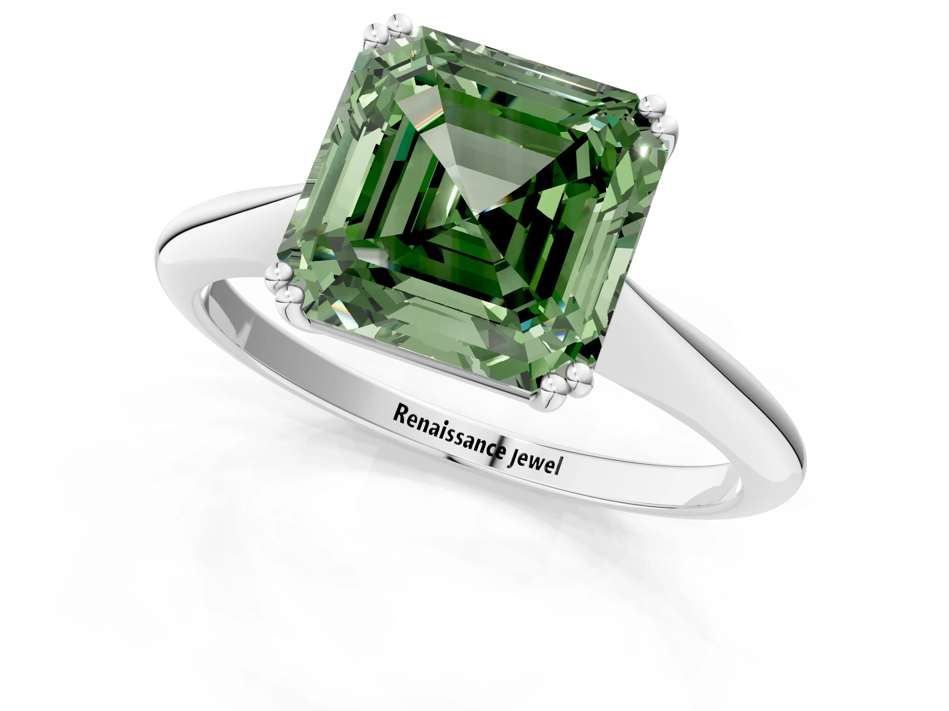 White gold Fancy Green Asscher Cut Solitaire Diamond Ring with Six-Prong Setting and Classic Band_1