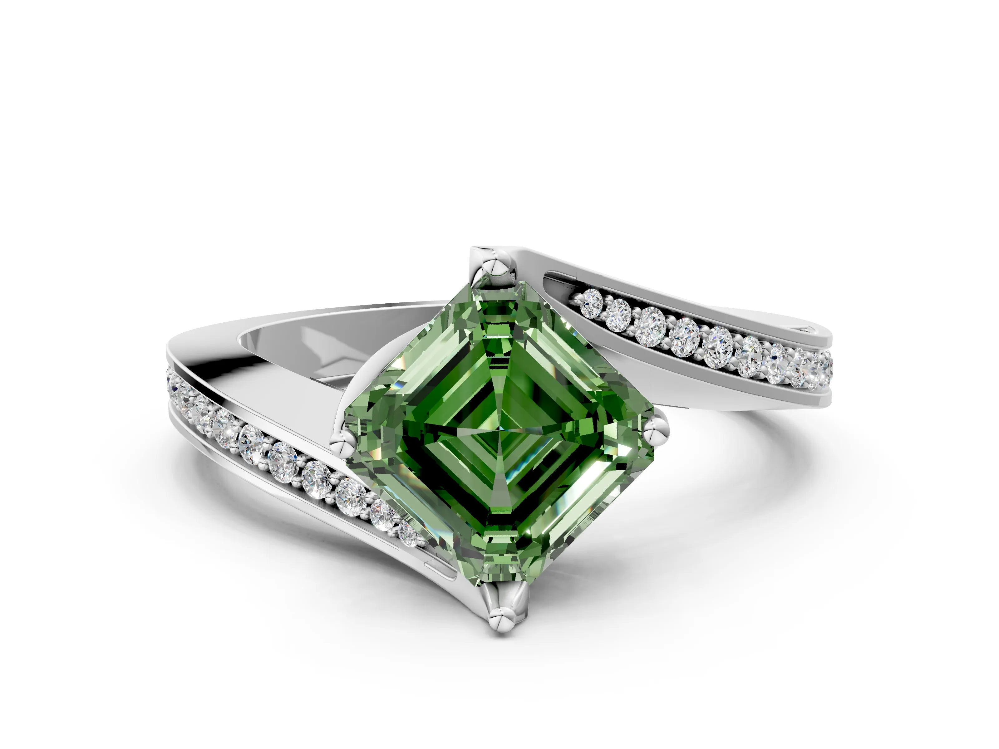 White gold Fancy Green Asscher Cut Solitaire Diamond Twist Band with Pavé Setting and Four-Prong Setting_12