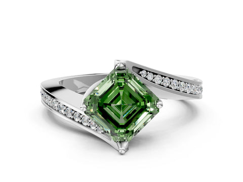 White gold Fancy Green Asscher Cut Solitaire Diamond Twist Band with Pavé Setting and Four-Prong Setting_12