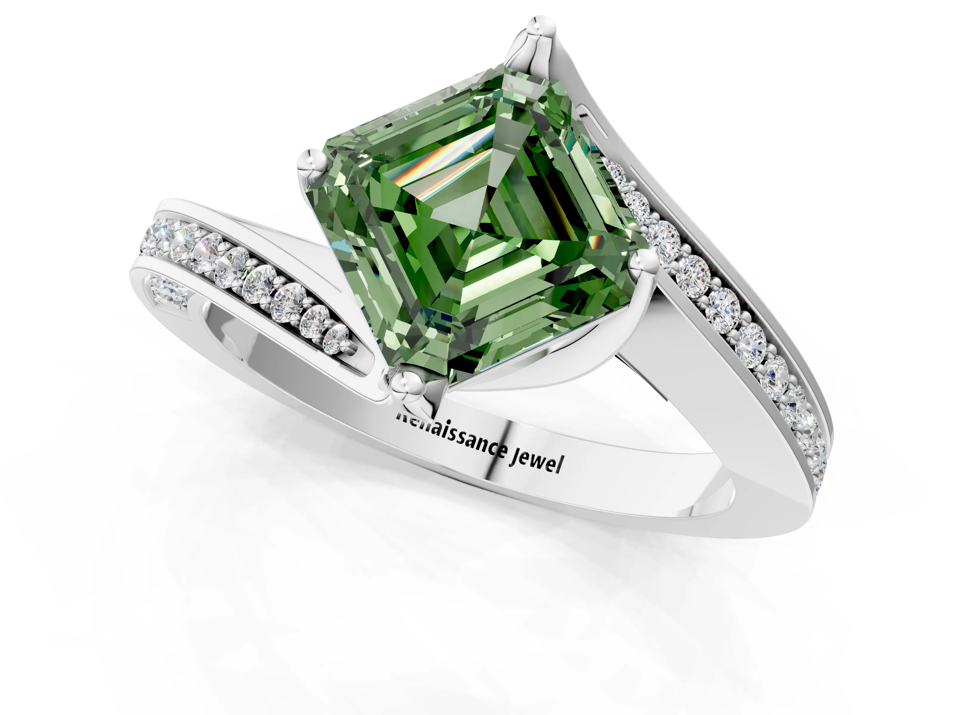 White gold Fancy Green Asscher Cut Solitaire Diamond Twist Band with Pavé Setting and Four-Prong Setting_13