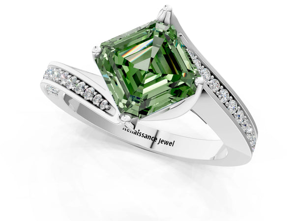Sterling Silver Asscher Cut Swirl Bypass Pave Engagement Ring Setting for Fancy Green Center