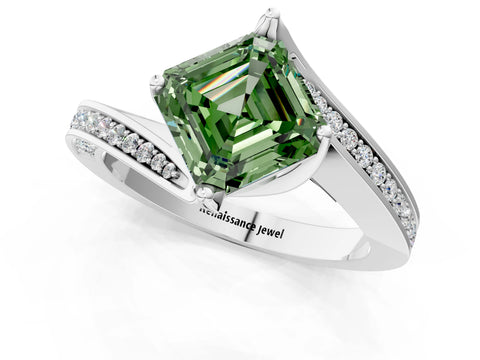 White gold Fancy Green Asscher Cut Solitaire Diamond Twist Band with Pavé Setting and Four-Prong Setting_13