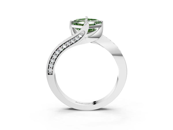 Platinum Asscher Cut Swirl Bypass Pave Engagement Ring Setting for Fancy Green Center