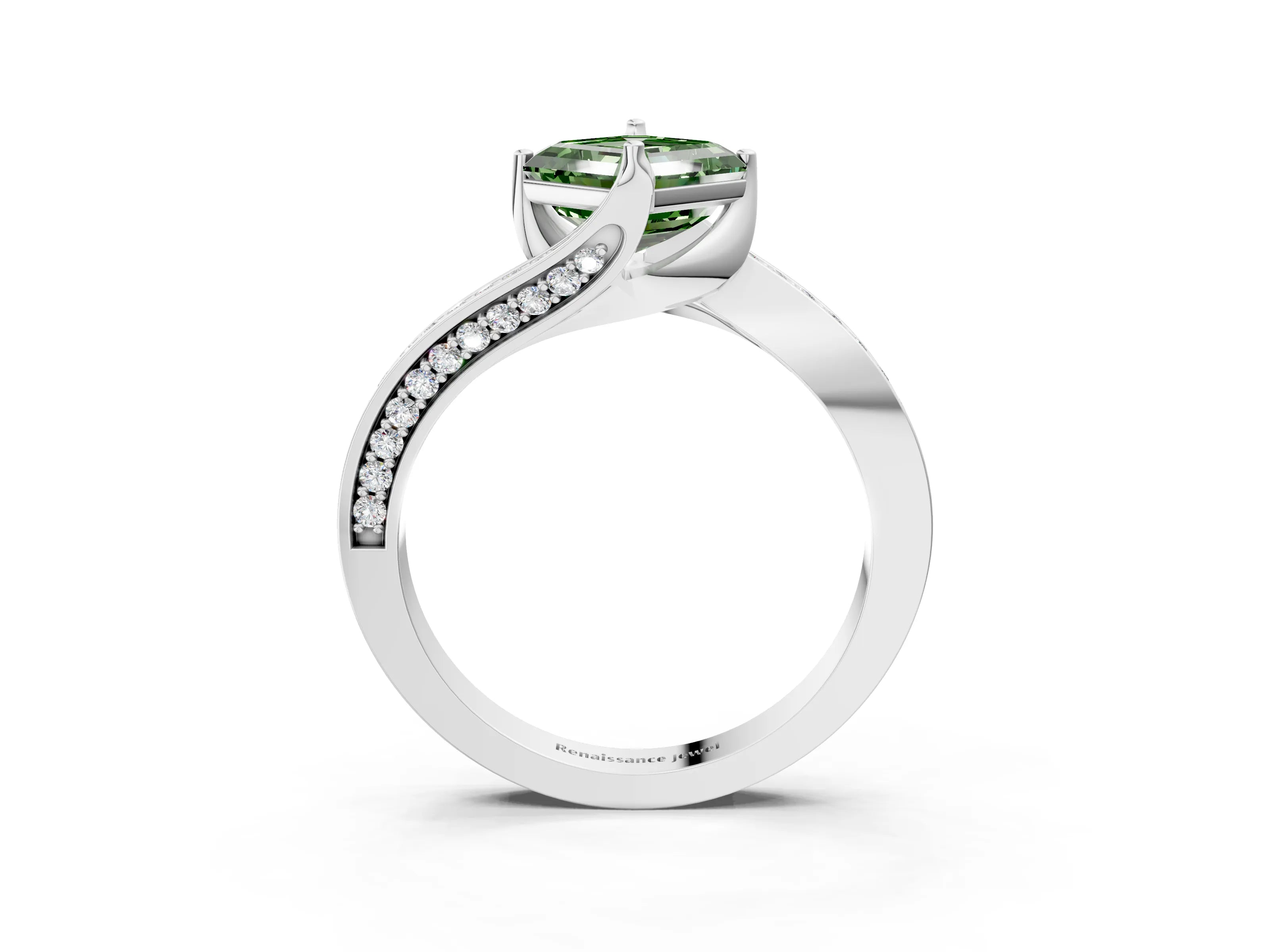 White gold Fancy Green Asscher Cut Solitaire Diamond Twist Band with Pavé Setting and Four-Prong Setting_15