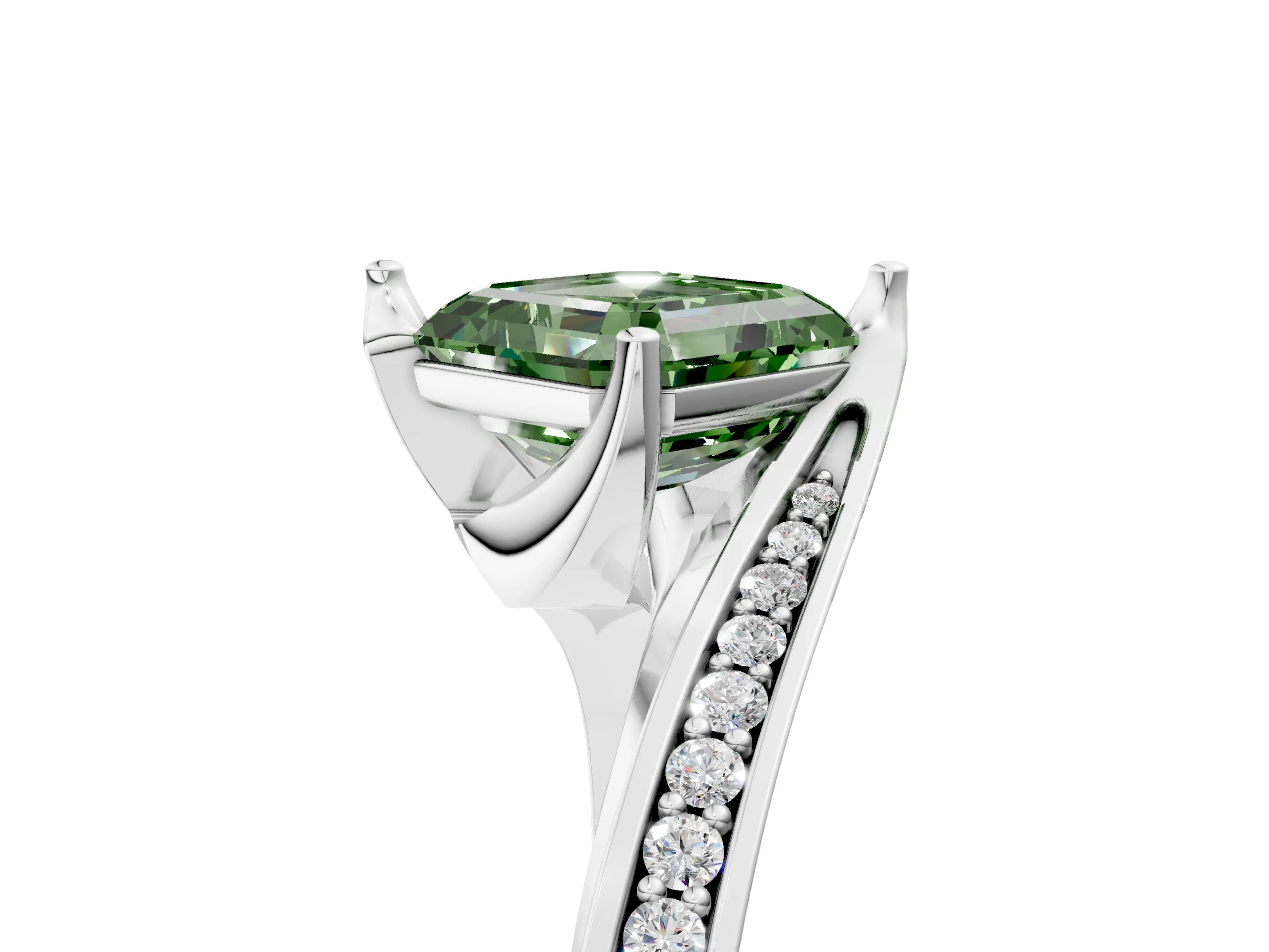 White gold Fancy Green Asscher Cut Solitaire Diamond Twist Band with Pavé Setting and Four-Prong Setting_17