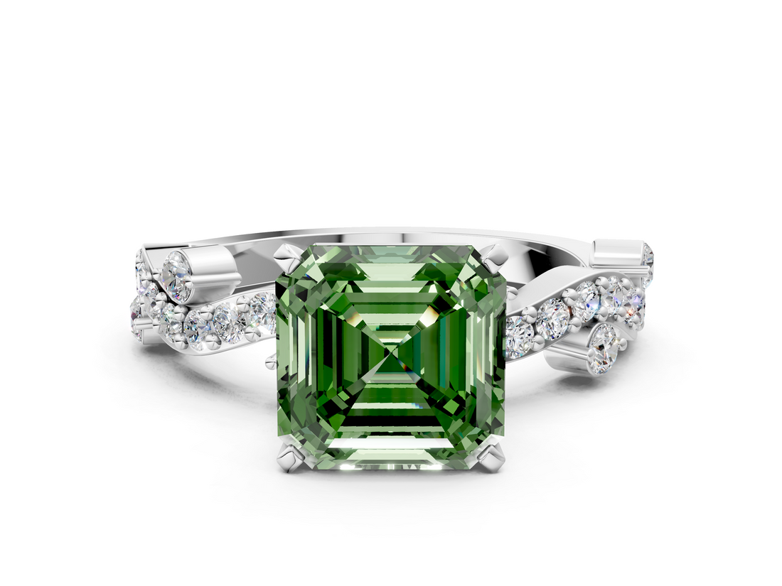 White gold Fancy Green Asscher  Cut Solitaire Diamond Twisted Band with Pave Setting_17
