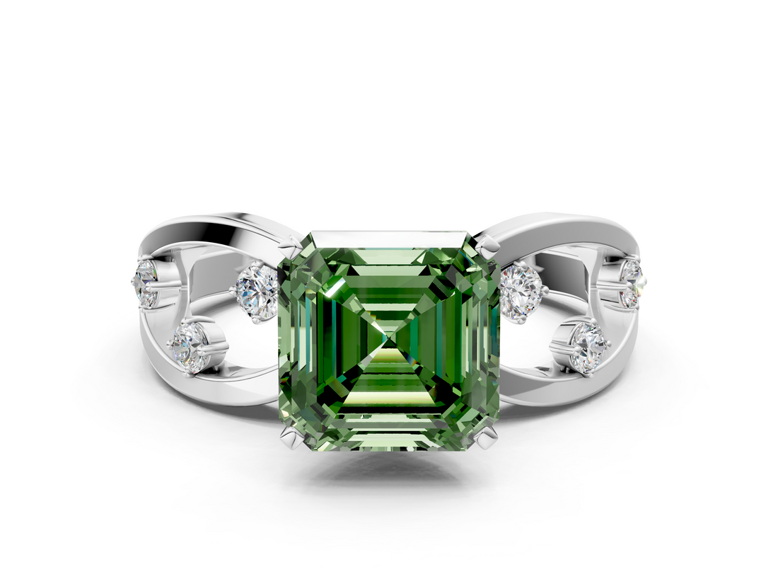 White gold Fancy Green Asscher  Cut Solitaire Diamond with Side Stones on Criss-Cross Band and Four-Prong Setting_16