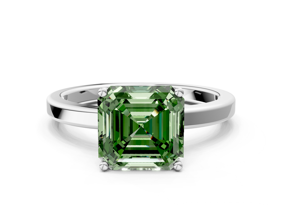 White gold Fancy Green Asscher  Cut Solitaire Engagement Ring with Four-Prong Setting on a Classic Band