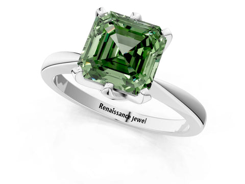 White gold Fancy Green Asscher Cut Solitaire Engagement Ring with Six-Prong Setting and Tapered Band_1
