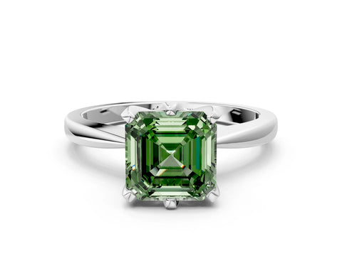 White gold Fancy Green Asscher Cut Solitaire Engagement Ring with Six-Prong Setting and Tapered Band