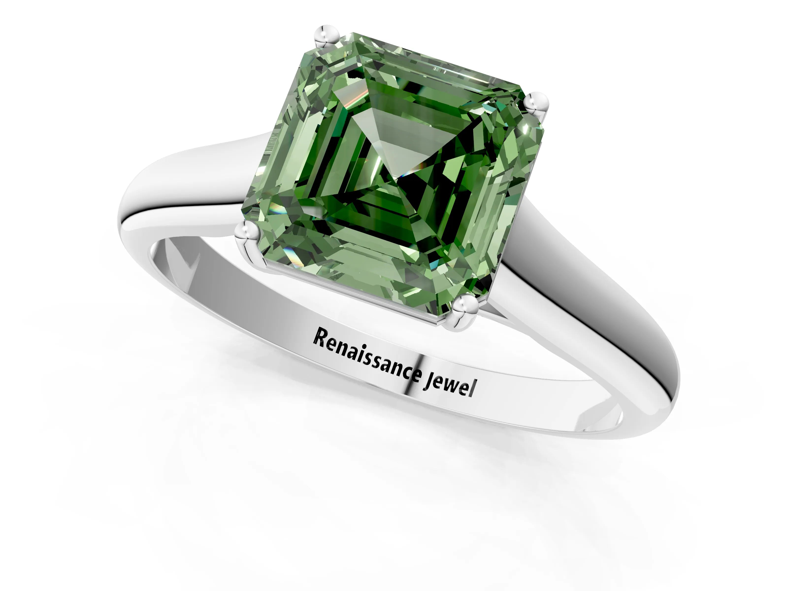 White gold Fancy Green Asscher Cut Solitaire Engagement Ring with Tapered Band and Four-Prong Setting_4