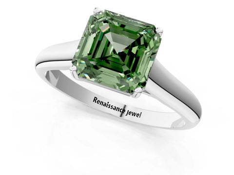 White gold Fancy Green Asscher Cut Solitaire Engagement Ring with Tapered Band and Four-Prong Setting_4