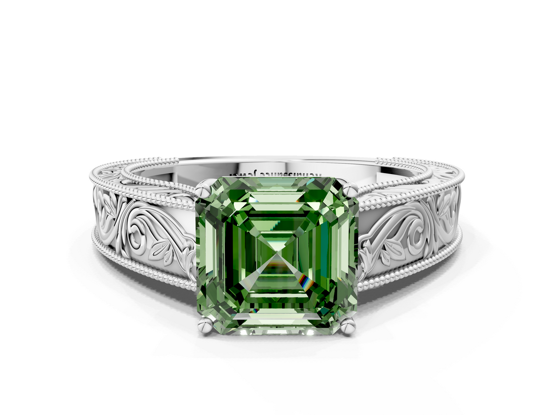 White gold Fancy Green Asscher  Cut Solitaire Engraved Band with Four-Prong Setting