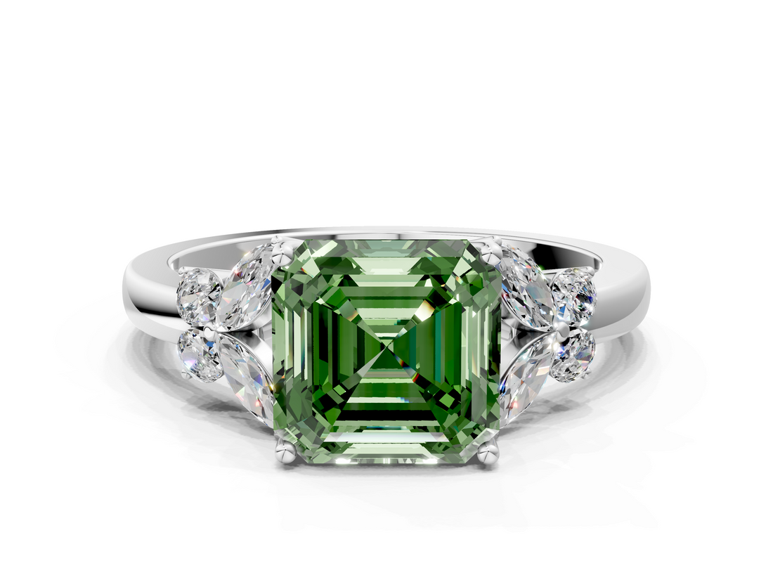 White gold Fancy Green Asscher  Cut Solitaire Floral Diamond Ring with Four-Prong Setting_10