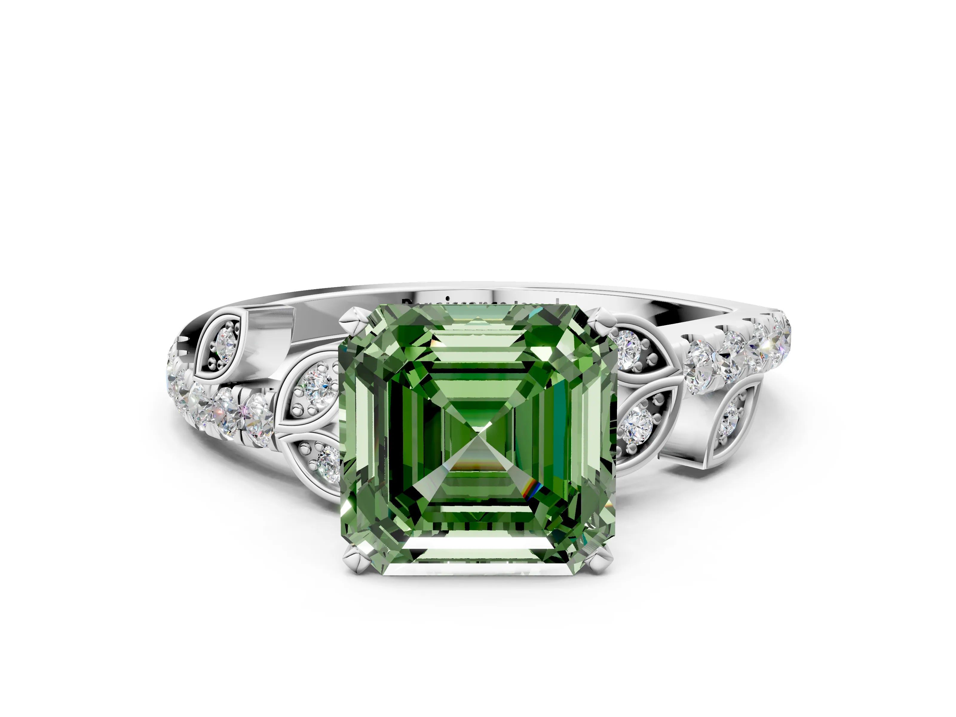 White gold Fancy Green Asscher Cut Solitaire Leaf-Inspired Diamond Ring with Pavé Band and Four-Prong Setting_12