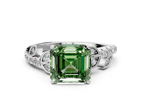White gold Fancy Green Asscher Cut Solitaire Leaf-Inspired Diamond Ring with Pavé Band and Four-Prong Setting_12