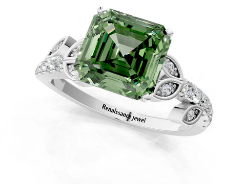 White gold Fancy Green Asscher Cut Solitaire Leaf-Inspired Diamond Ring with Pavé Band and Four-Prong Setting_13