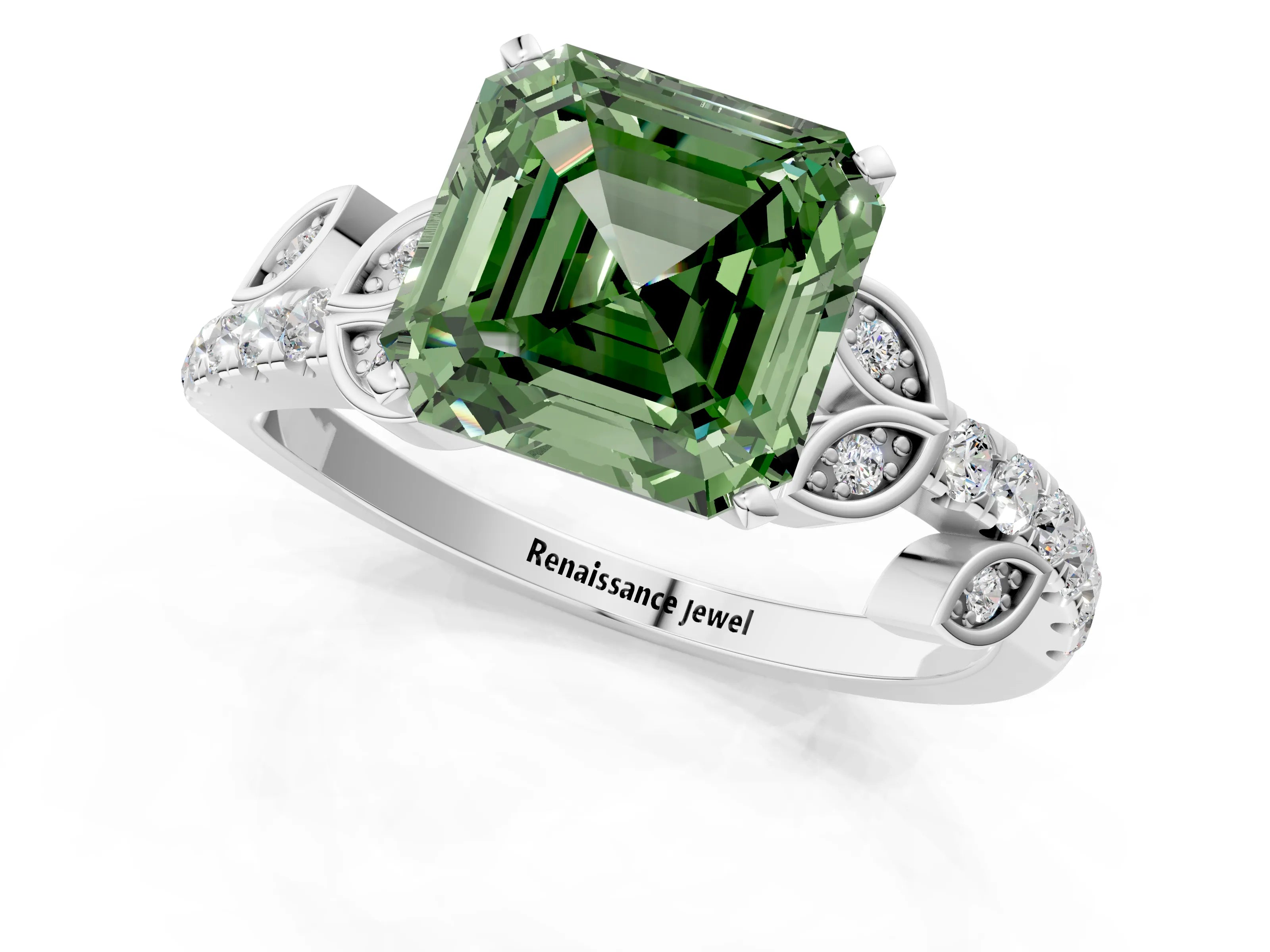 White gold Fancy Green Asscher Cut Solitaire Leaf-Inspired Diamond Ring with Pavé Band and Four-Prong Setting_13