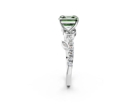 White gold Fancy Green Asscher Cut Solitaire Leaf-Inspired Diamond Ring with Pavé Band and Four-Prong Setting_14