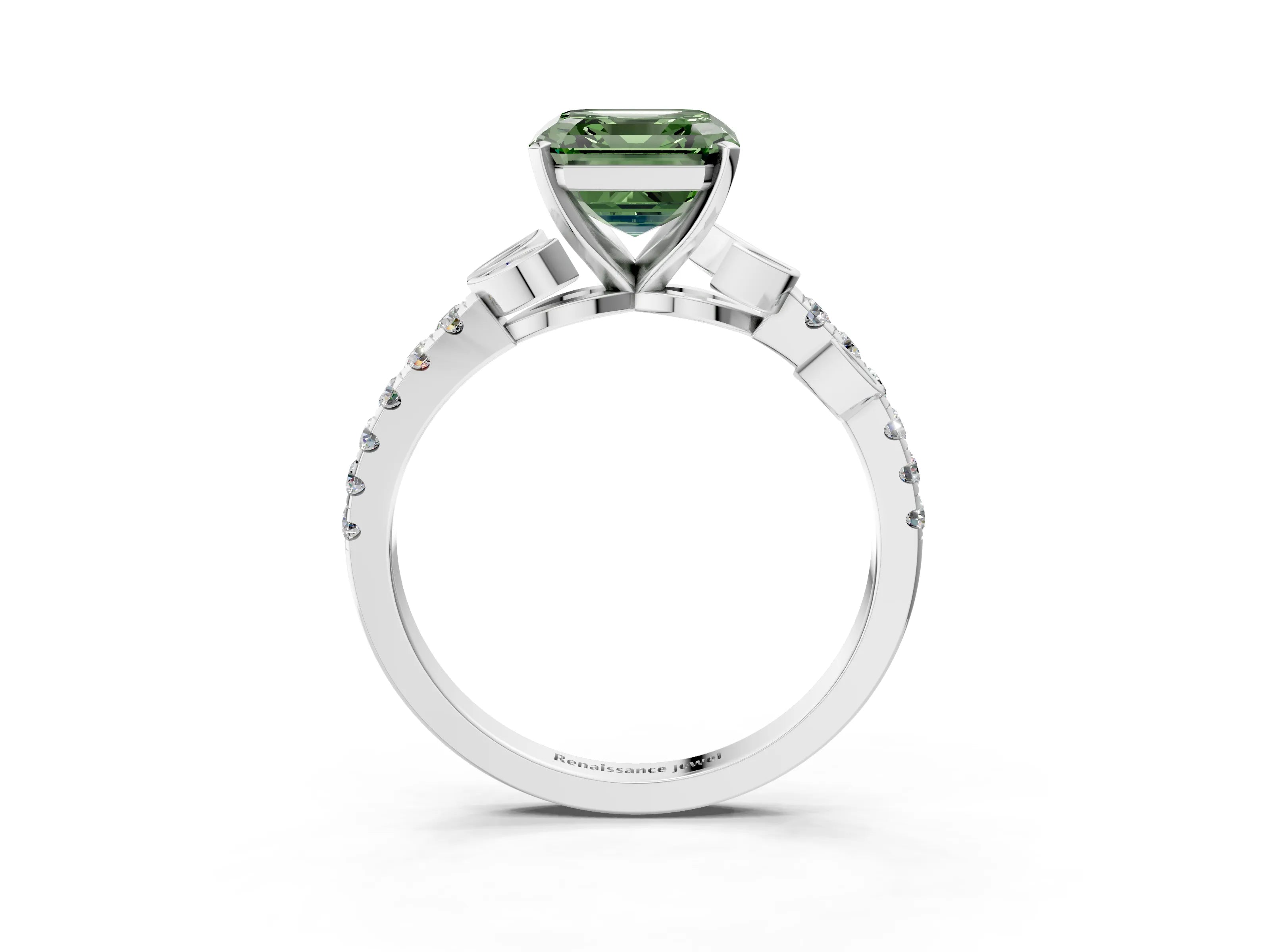 White gold Fancy Green Asscher Cut Solitaire Leaf-Inspired Diamond Ring with Pavé Band and Four-Prong Setting_15
