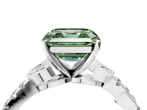 White gold Fancy Green Asscher Cut Solitaire Leaf-Inspired Diamond Ring with Pavé Band and Four-Prong Setting_16