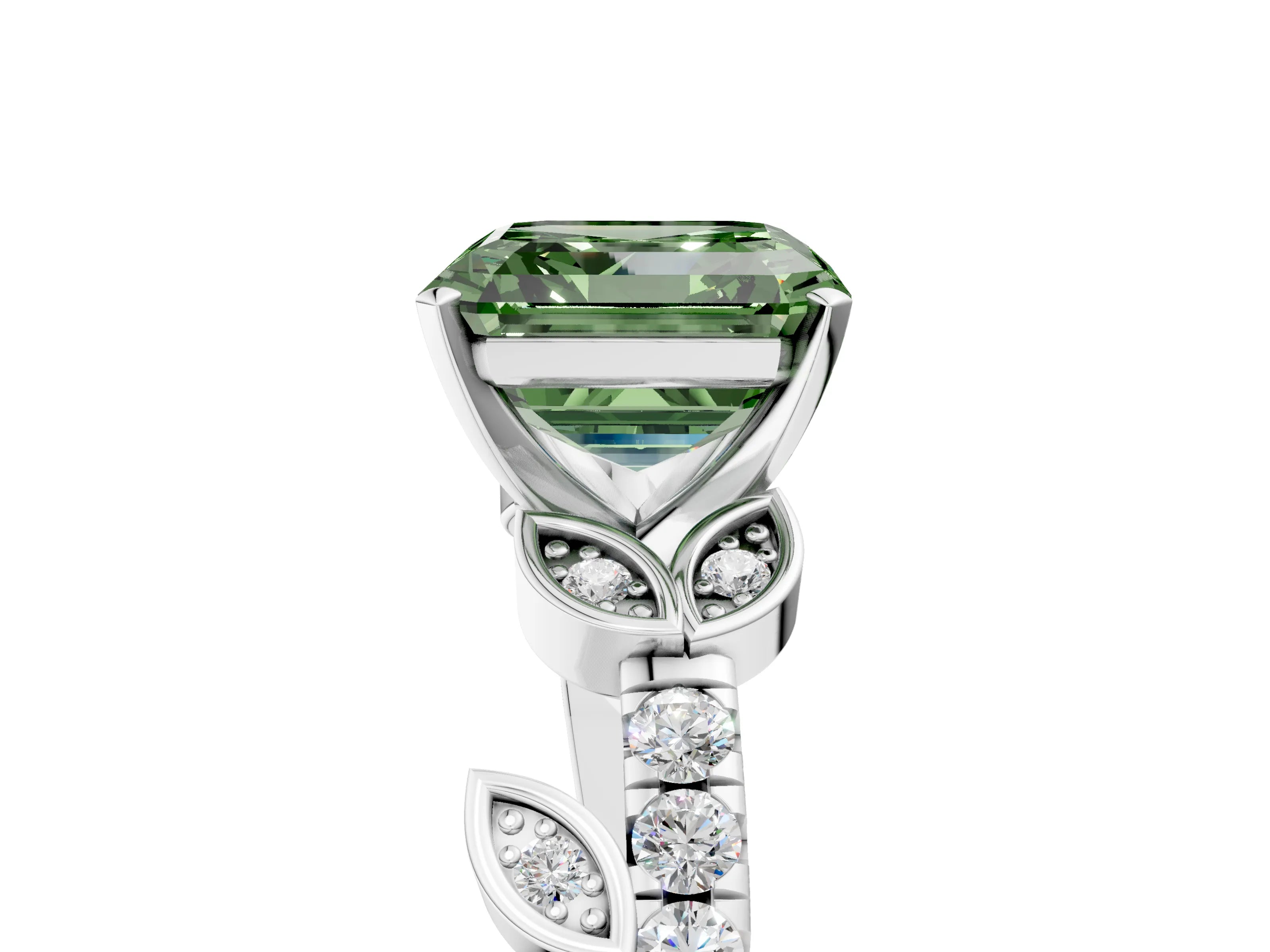 White gold Fancy Green Asscher Cut Solitaire Leaf-Inspired Diamond Ring with Pavé Band and Four-Prong Setting_17