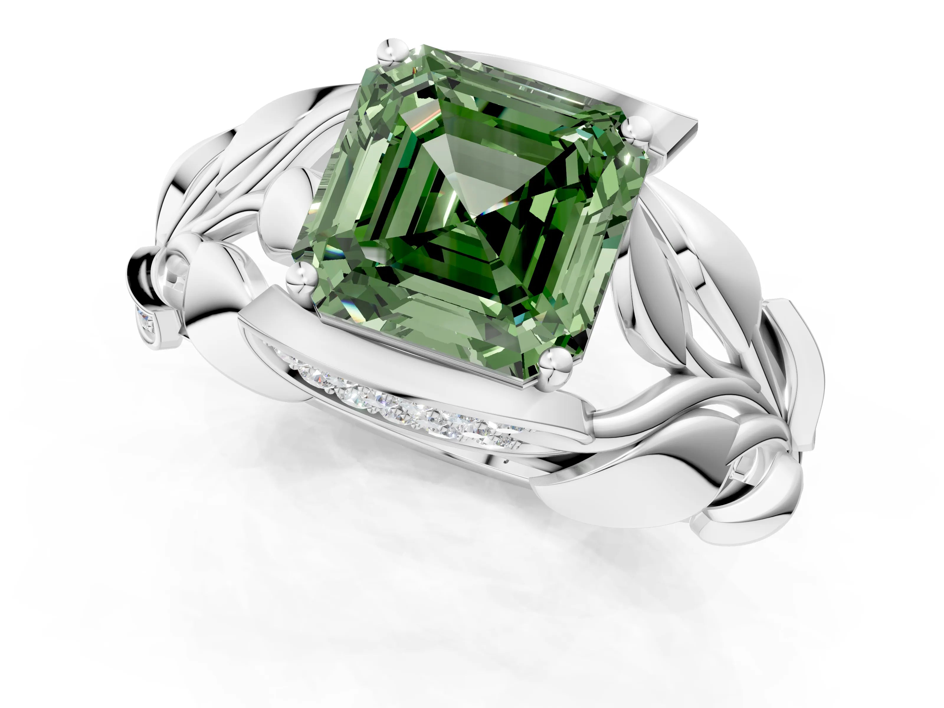 White gold Fancy Green Asscher Cut Solitaire Leaf-Inspired Engagement Ring with Prong Setting_1