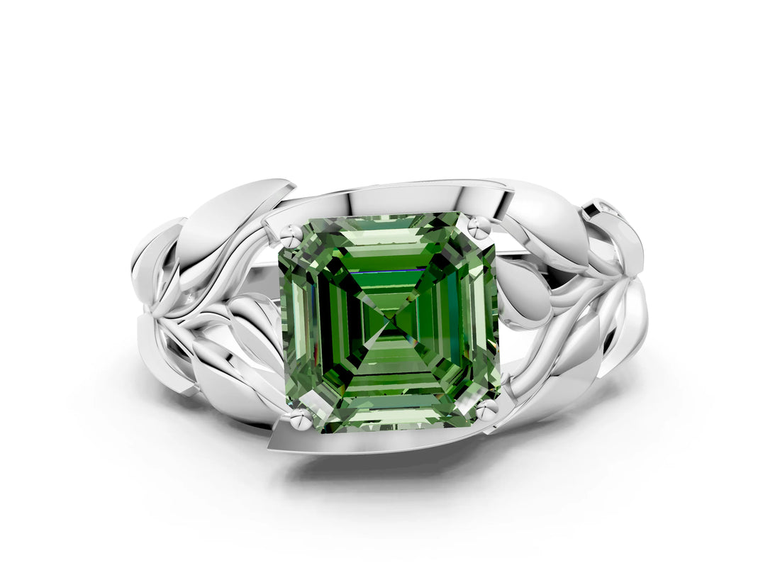 White gold Fancy Green Asscher Cut Solitaire Leaf-Inspired Engagement Ring with Prong Setting_12