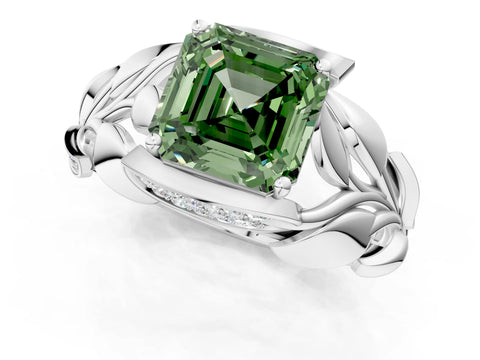 White gold Fancy Green Asscher Cut Solitaire Leaf-Inspired Engagement Ring with Prong Setting_1