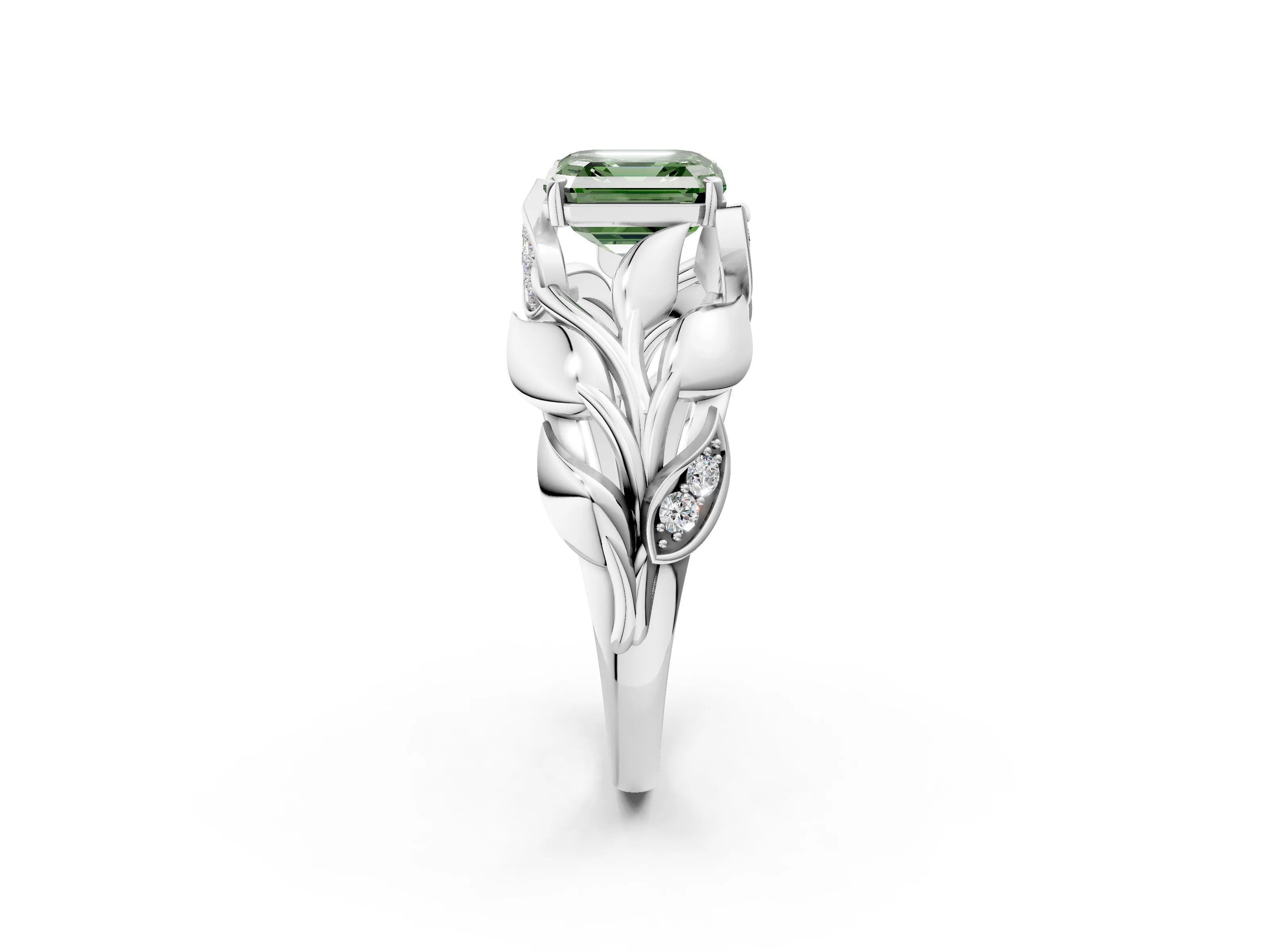 White gold Fancy Green Asscher Cut Solitaire Leaf-Inspired Engagement Ring with Prong Setting_2