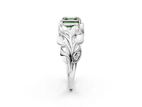 White gold Fancy Green Asscher Cut Solitaire Leaf-Inspired Engagement Ring with Prong Setting_2