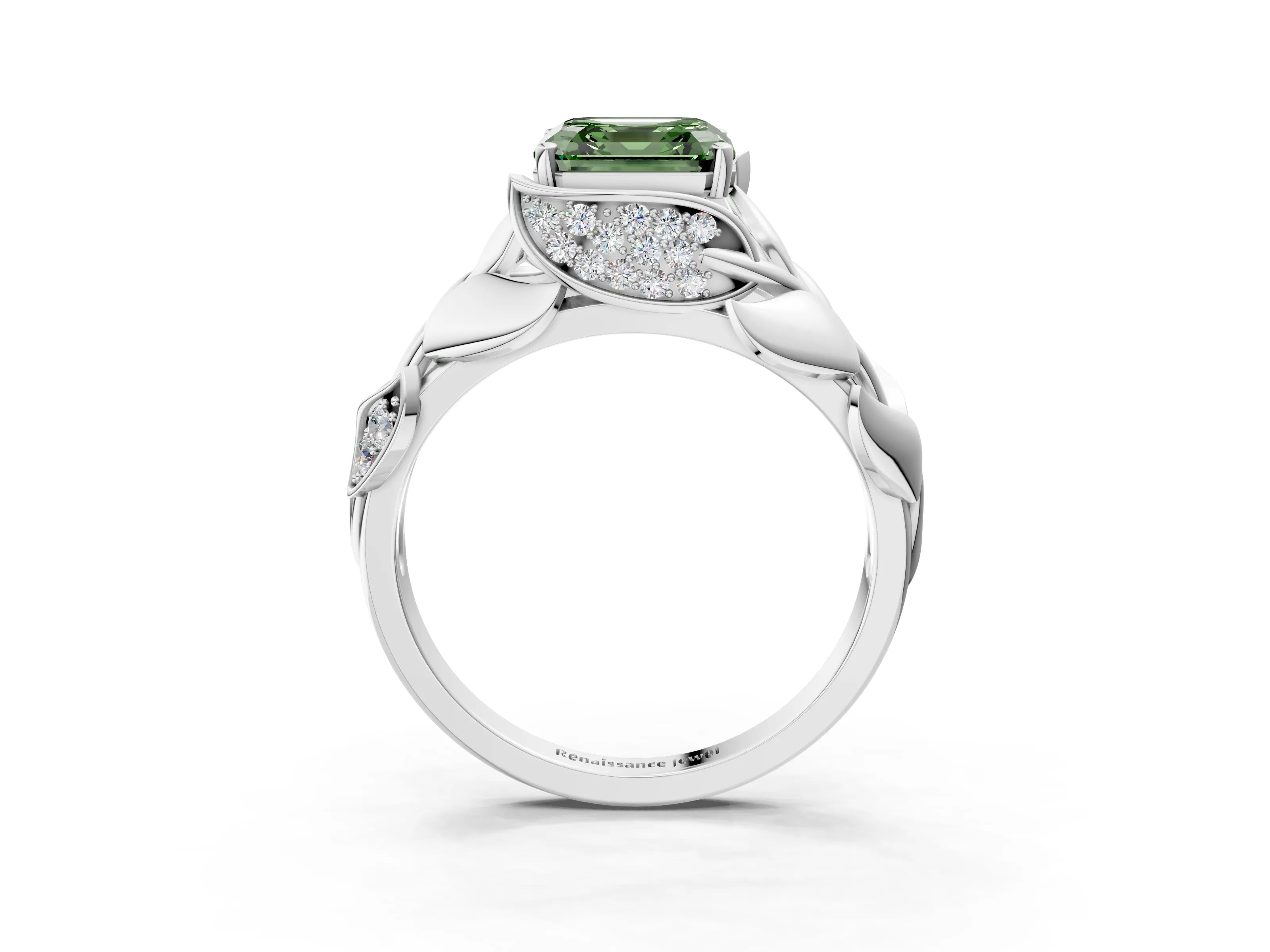 White gold Fancy Green Asscher Cut Solitaire Leaf-Inspired Engagement Ring with Prong Setting_3