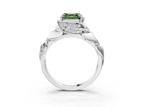 White gold Fancy Green Asscher Cut Solitaire Leaf-Inspired Engagement Ring with Prong Setting_3