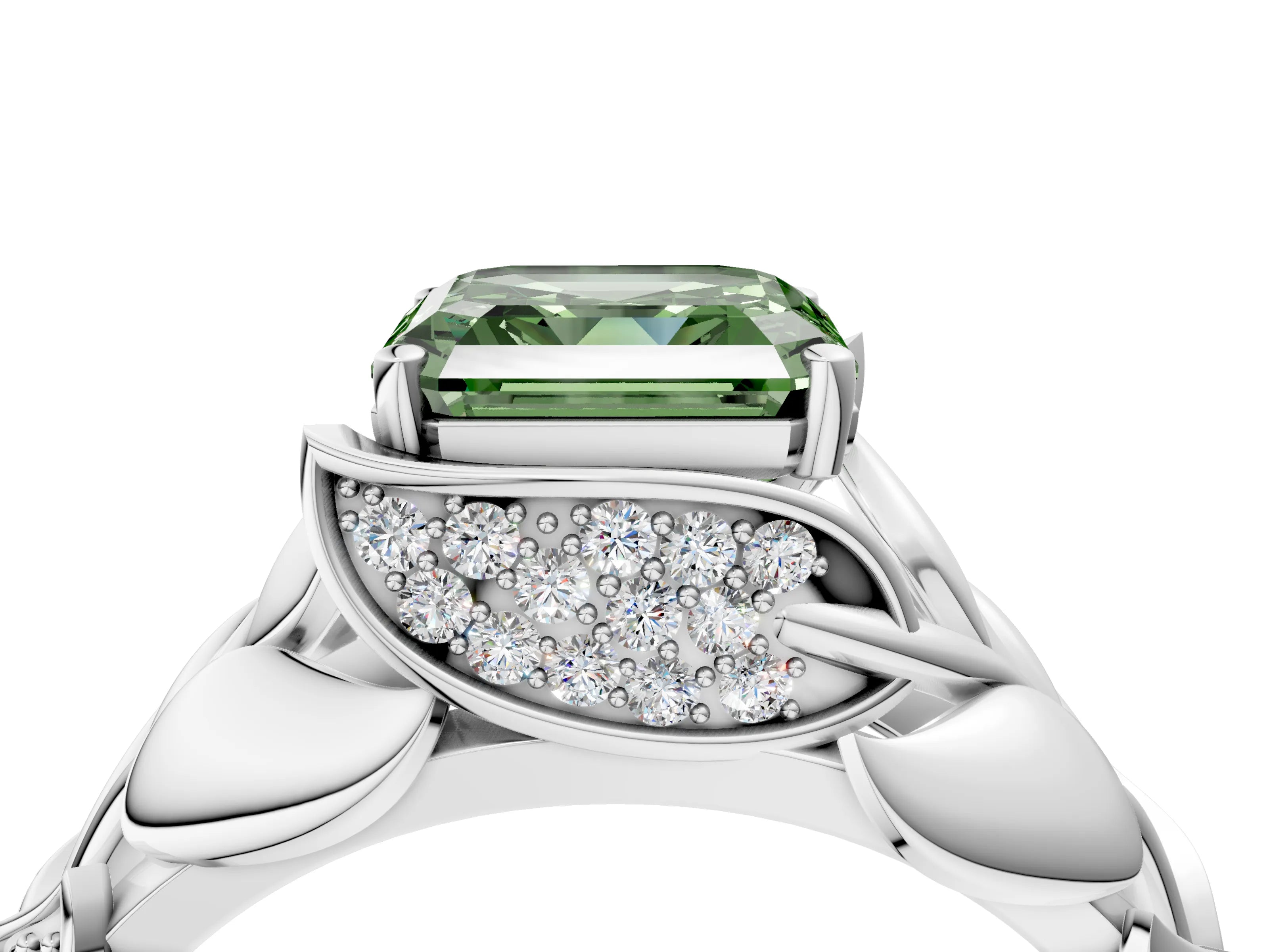 White gold Fancy Green Asscher Cut Solitaire Leaf-Inspired Engagement Ring with Prong Setting_4
