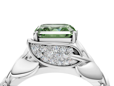 White gold Fancy Green Asscher Cut Solitaire Leaf-Inspired Engagement Ring with Prong Setting_4