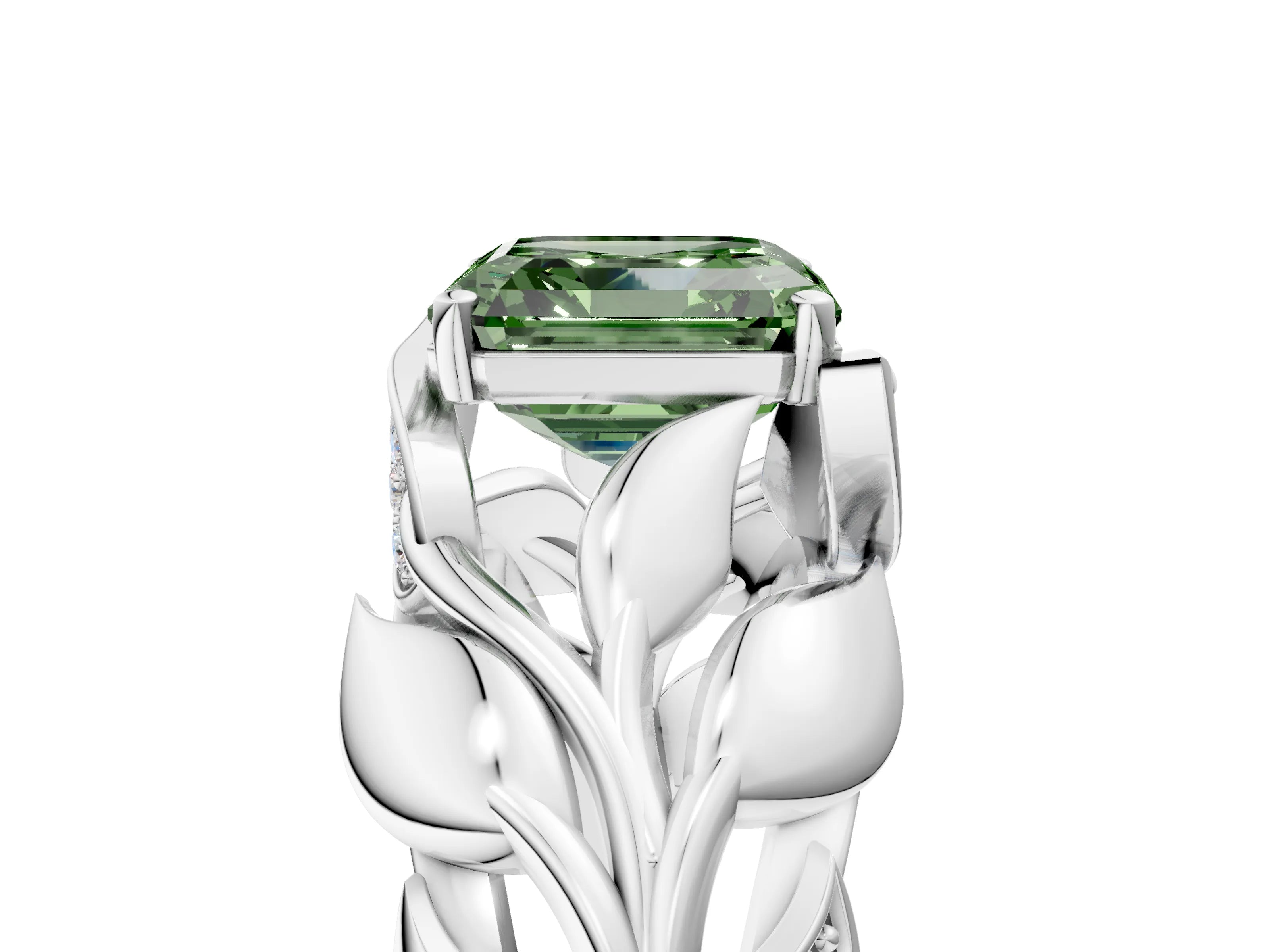 White gold Fancy Green Asscher Cut Solitaire Leaf-Inspired Engagement Ring with Prong Setting_5