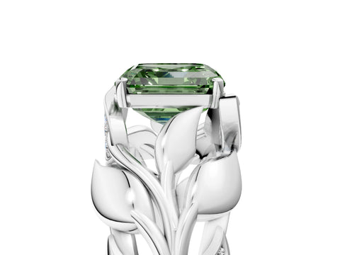White gold Fancy Green Asscher Cut Solitaire Leaf-Inspired Engagement Ring with Prong Setting_5