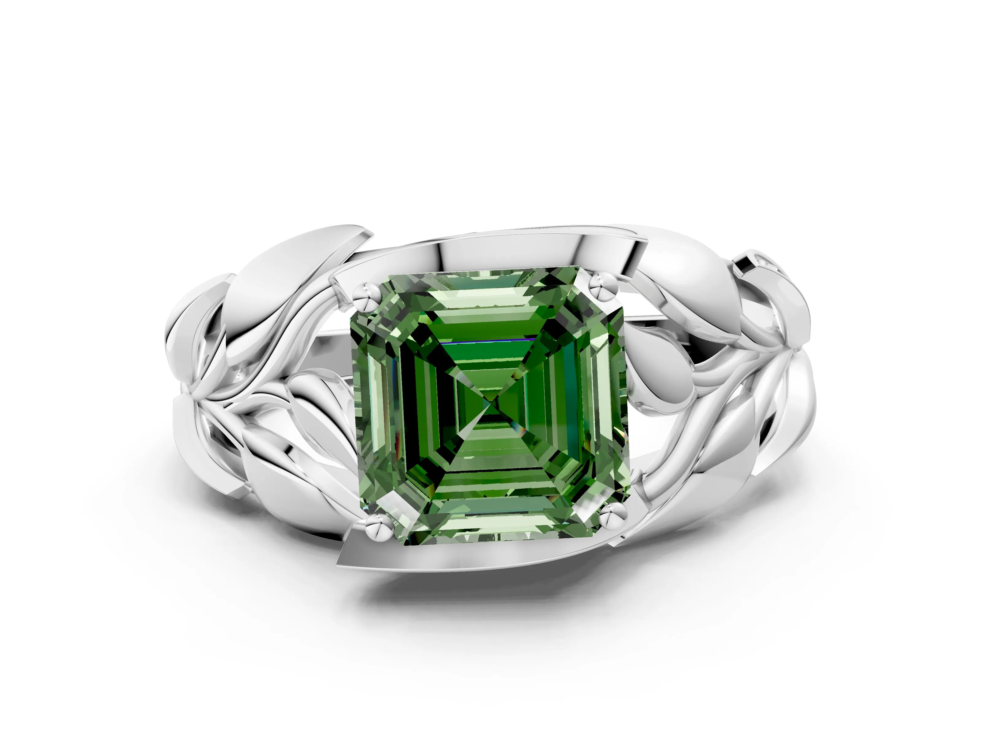 White gold Fancy Green Asscher Cut Solitaire Leaf-Inspired Engagement Ring with Prong Setting
