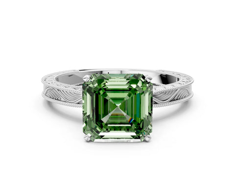 White gold Fancy Green Asscher Cut Solitaire Milgrain Engraved Band with Four-Prong Setting_12