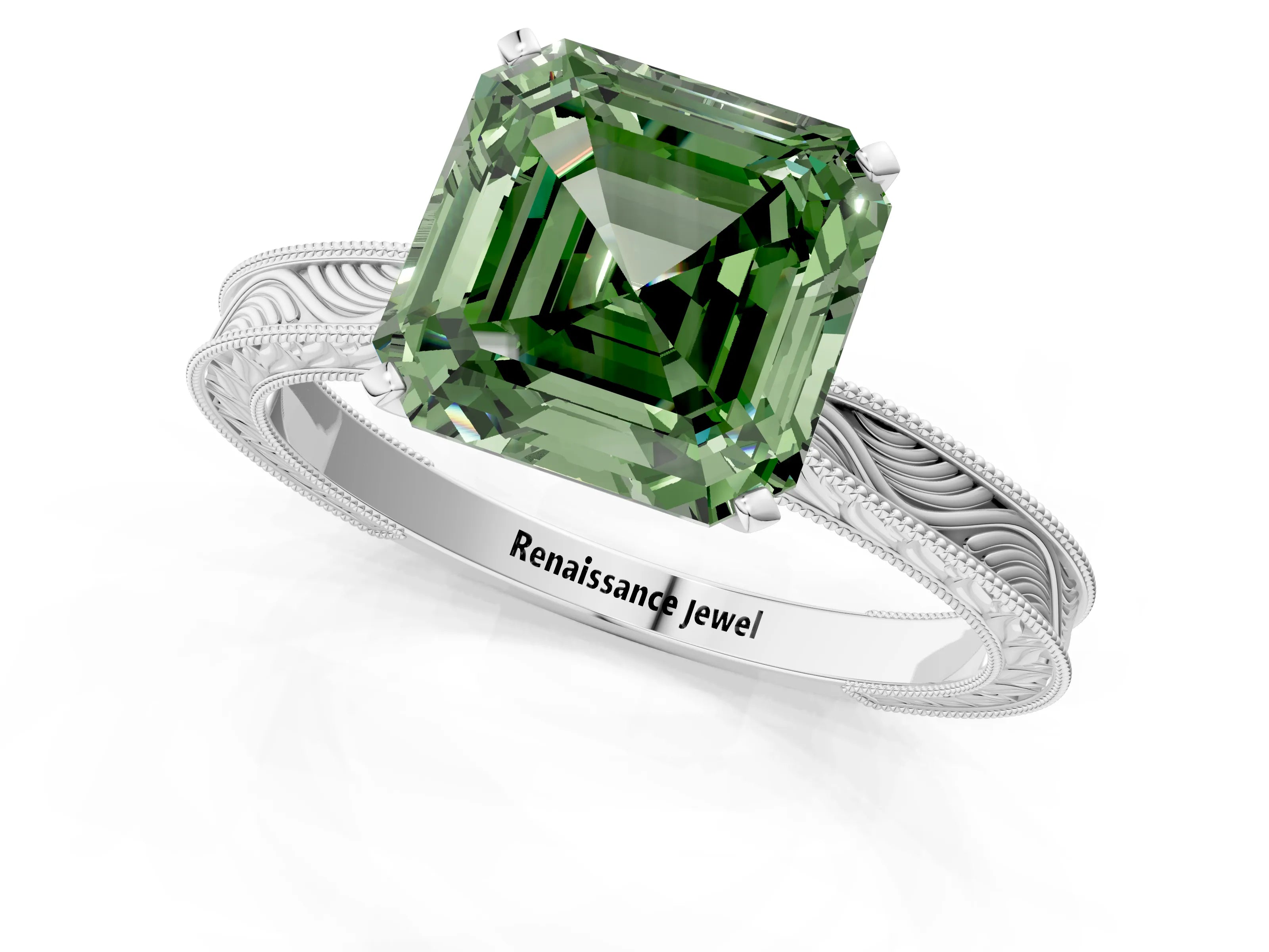White gold Fancy Green Asscher Cut Solitaire Milgrain Engraved Band with Four-Prong Setting_13